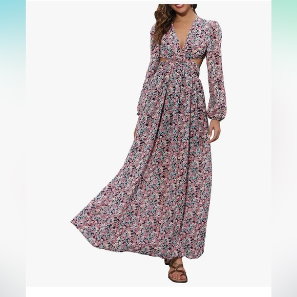 Romantic Floral Waist Cut Out Long Sleeve Flowy Long Maxi Beach Dress Sz10 NWT - Picture 5 of 7